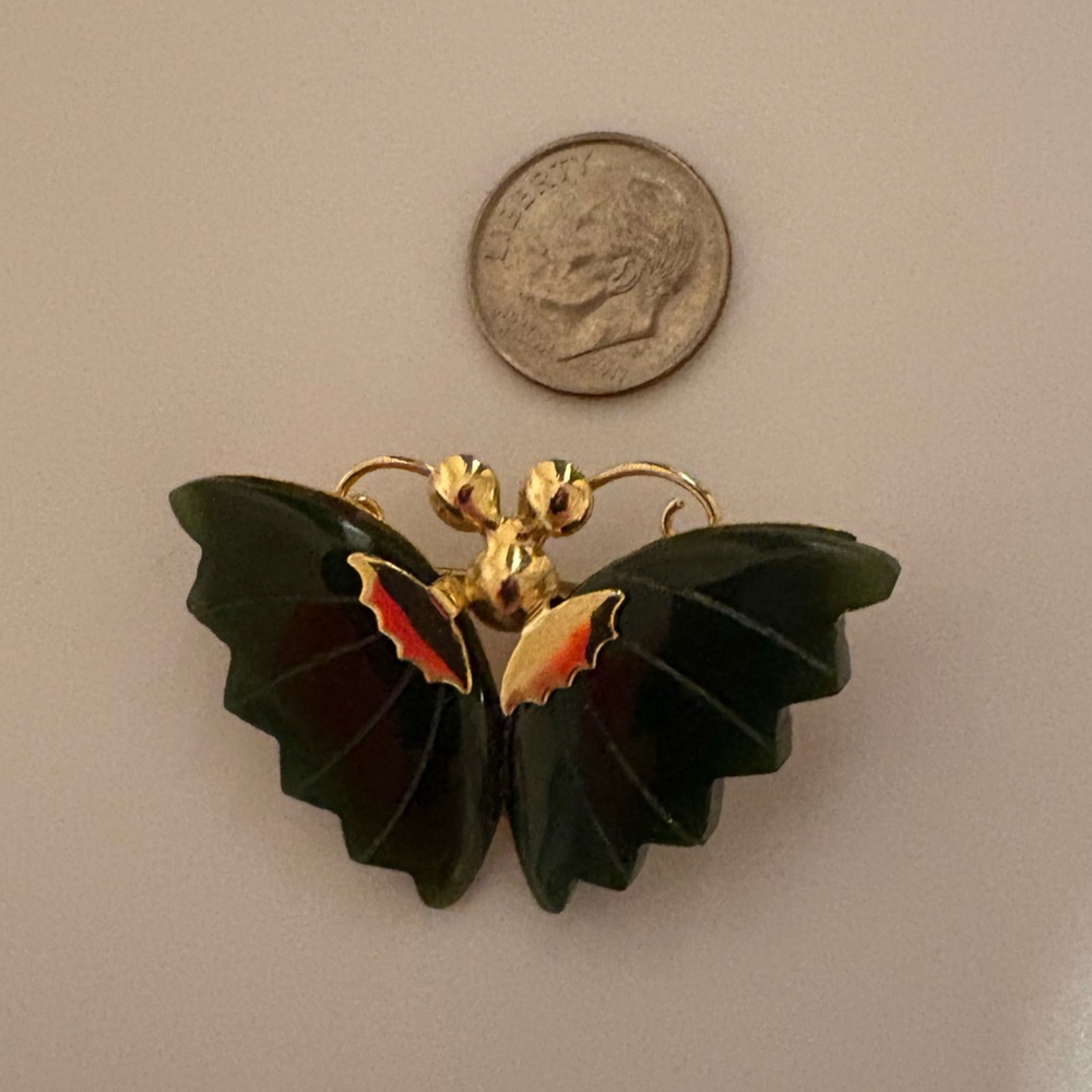 Jade Butterfly Brooch With Vintage Gold Tone